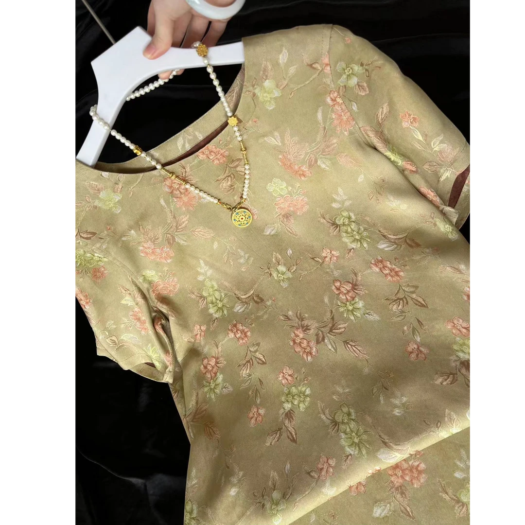 夏季新款国风新中式【雏菊】碎花气质复古长款提花连衣裙