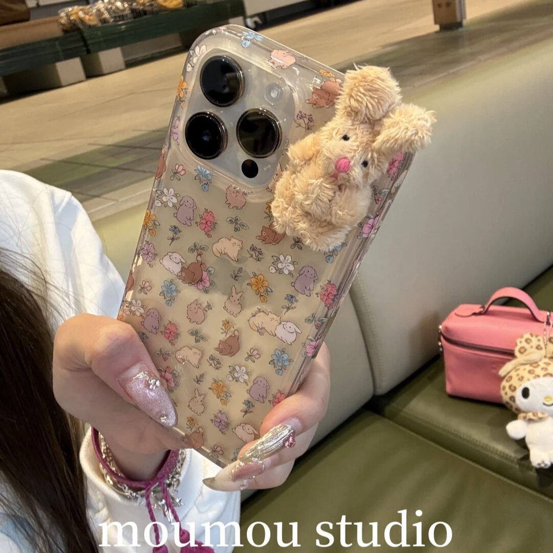 满屏碎花立体毛绒兔子适用苹果16手机壳iphone15可爱14promax女13