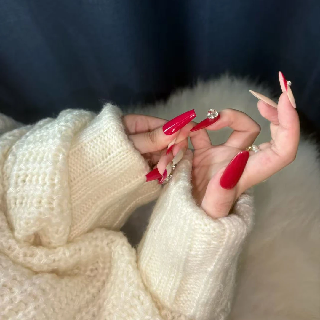 玫瑰法式 包邮 纯手工玫红火龙果色穿戴甲显白日常美甲 华子钻
