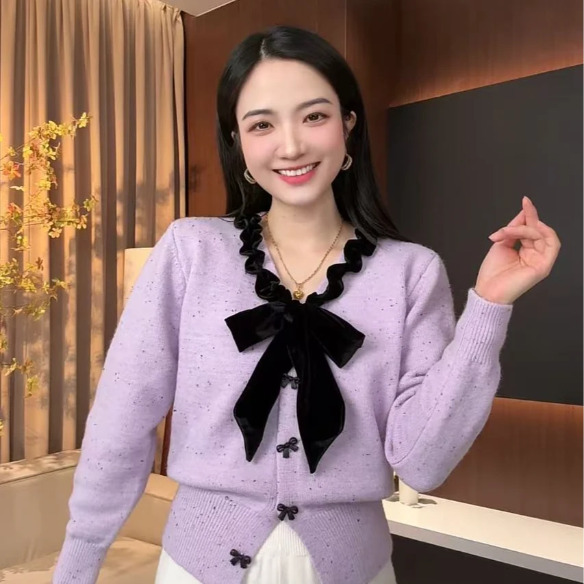 小香风蝴蝶结软糯毛衣开衫女2025新款春季收腰显瘦内搭针织衫