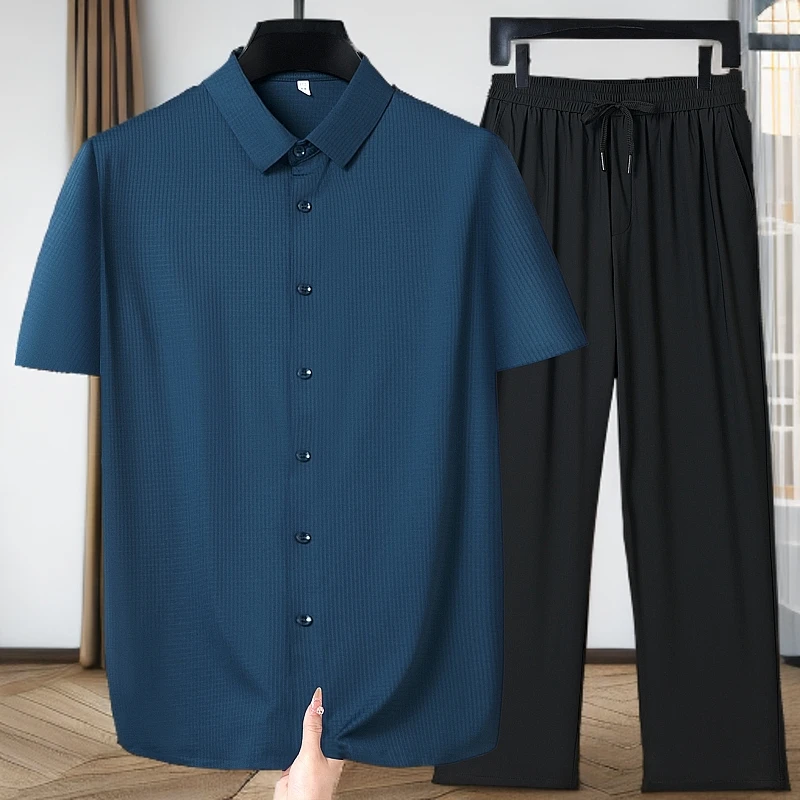 40岁50中老年爸爸夏装短袖衬衫中年男士休闲两件套装父亲冰丝衬衣