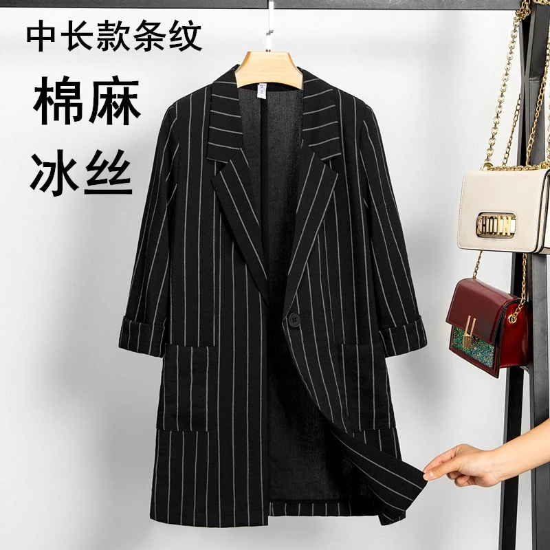 清仓亚麻薄西服胖MM大码七分袖棉麻条纹单层小西装中长款外套夏