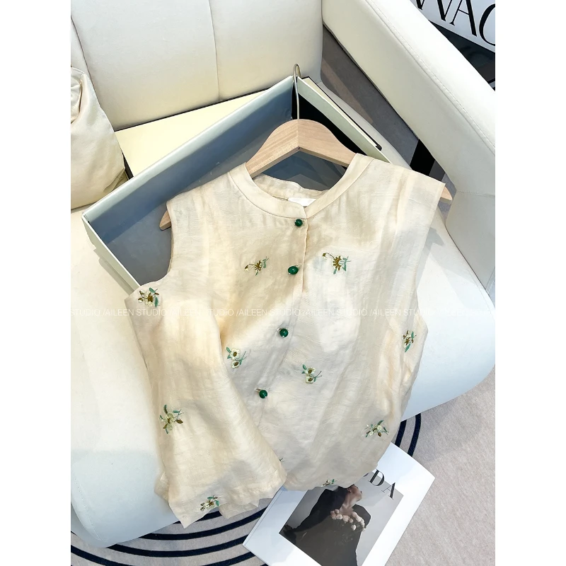 2025夏季新款新中式潮衬衫女设计感小众重工刺绣国风背心马甲小衫
