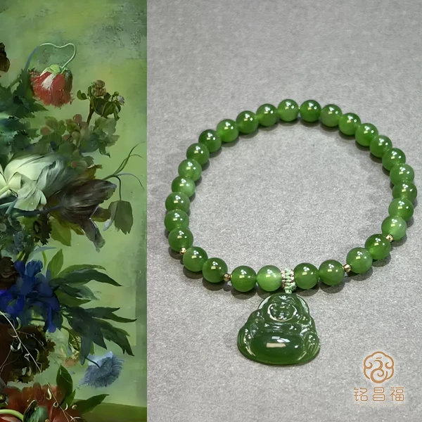 铭昌福精品和田玉果绿（无黑无暇6mm）手串106-1
