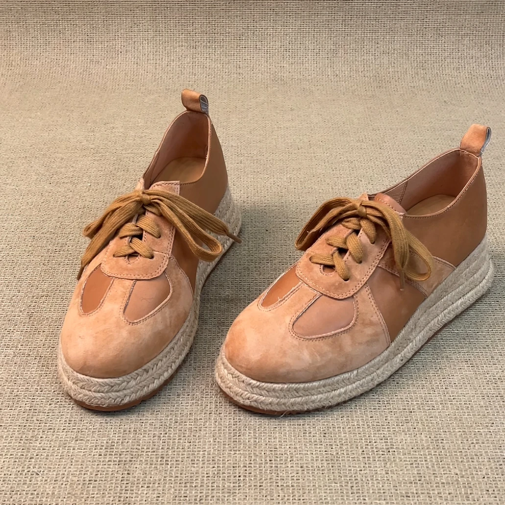 RubyL/5cm休闲通勤舒适百搭拼接系带圆头深口草编坡跟单鞋女款