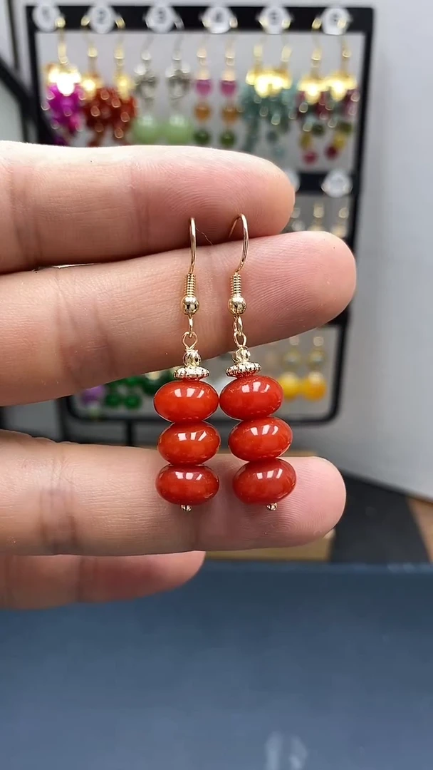 南红玛瑙银S925镀金镶嵌耳饰尺寸10mm算盘珠