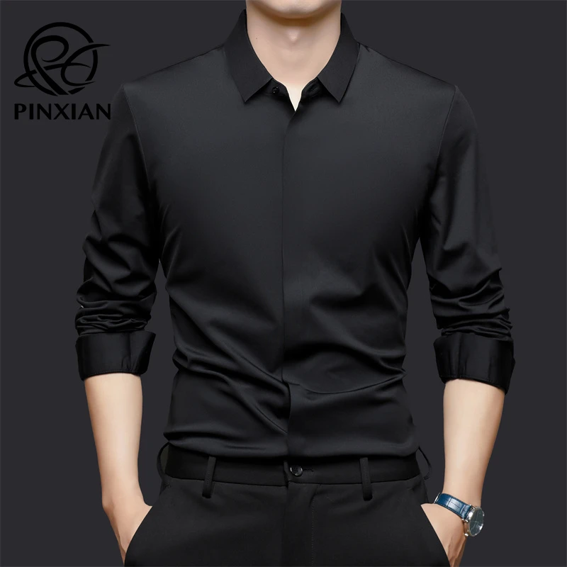 品现春秋季双门襟暗扣长袖免熨无痕衬衫男中年商务休闲冰感衬衣男