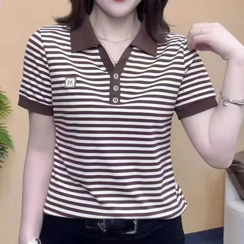 852咖色绣花条纹短袖T恤女夏季新款洋气妈妈时尚遮肚POLO领小衫