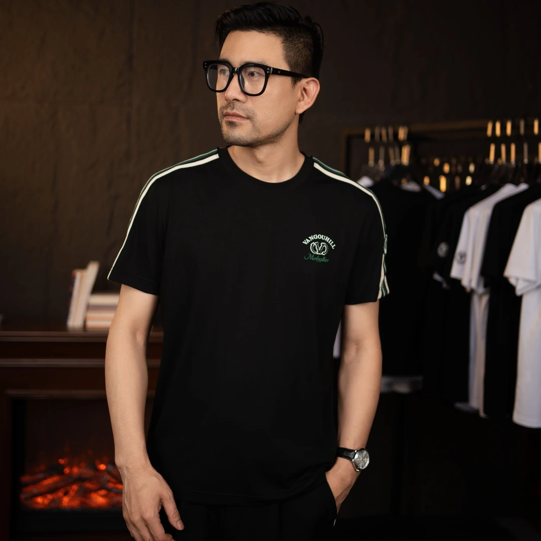 梵高希刺绣中年夏季短袖透气常规常规款T恤潮流春夏宽松匹马棉