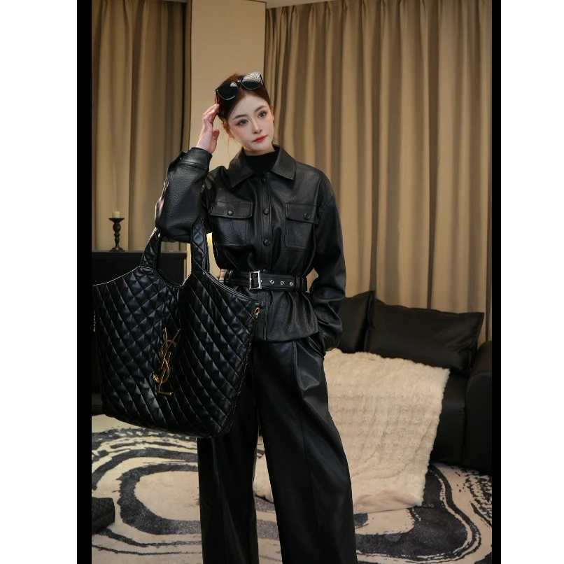 [杨树林]海宁高档真皮绵羊皮外套女短款时尚气质皮夹克机车收腰