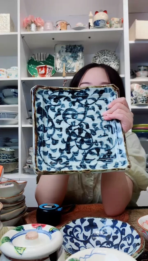 陶瓷章鱼唐草方型盘21cm