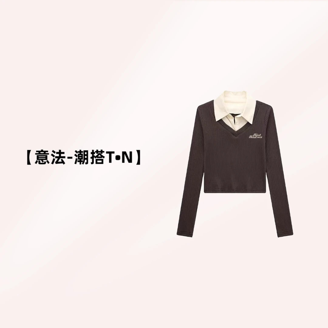 【意法-潮搭T•N】NN758-时尚女装设计感针织衫百搭短款假两件