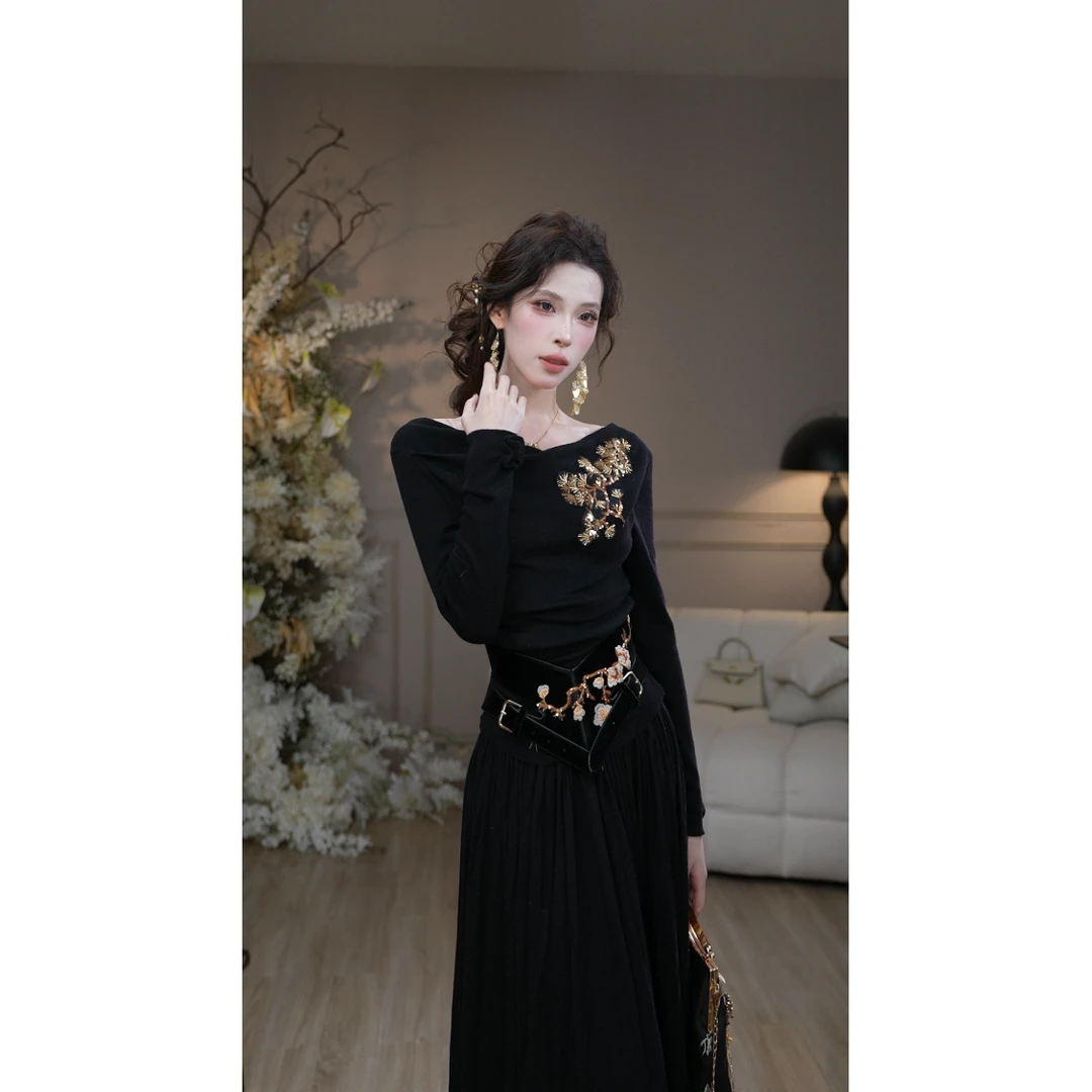 彼得潘大叔《墨染金渲》显瘦精致感上衣气质高腰半裙