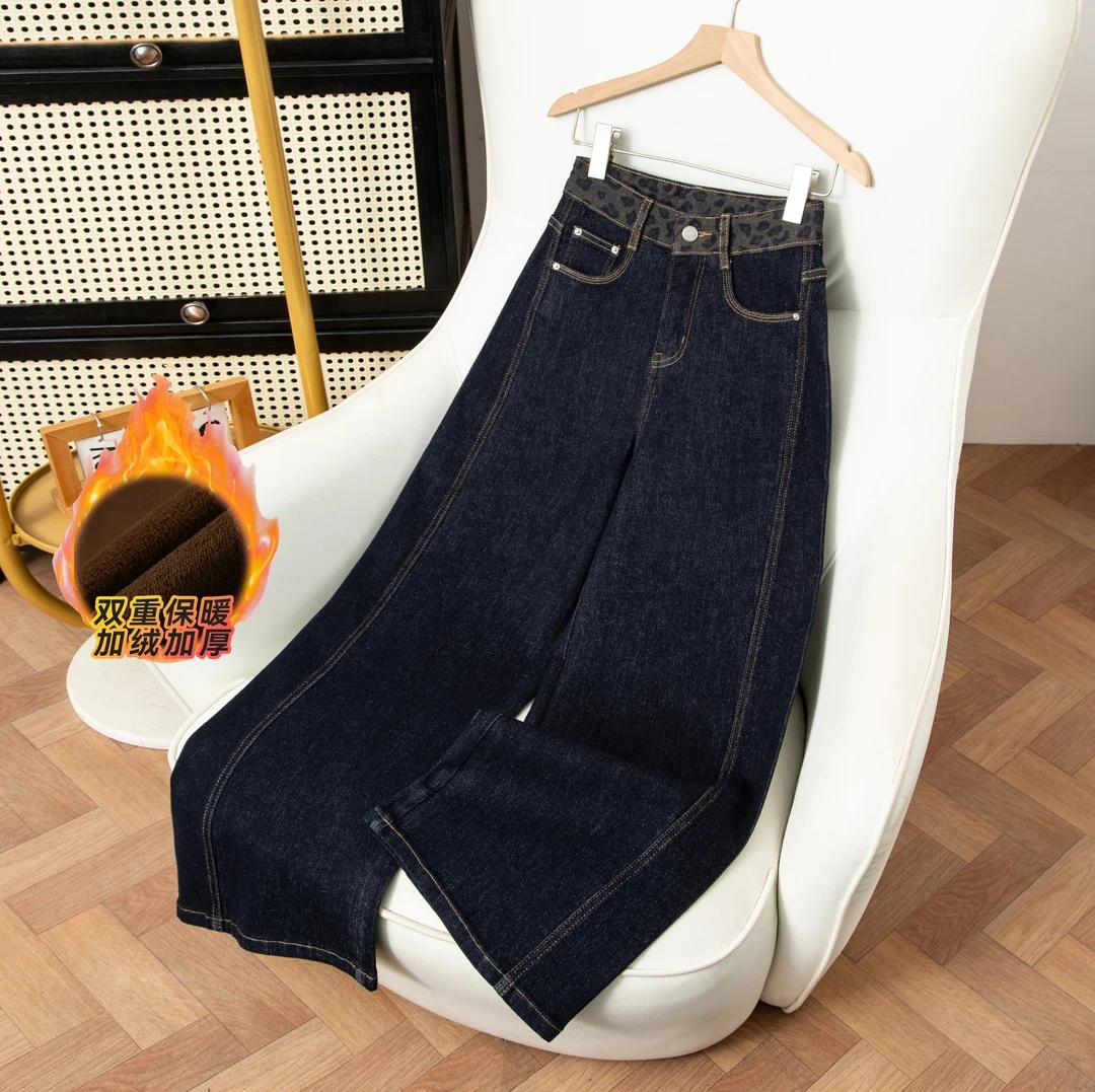 丹宁蓝防掉色【豹纹腰头款】2025秋冬加绒高腰显瘦垂顺牛仔裤女