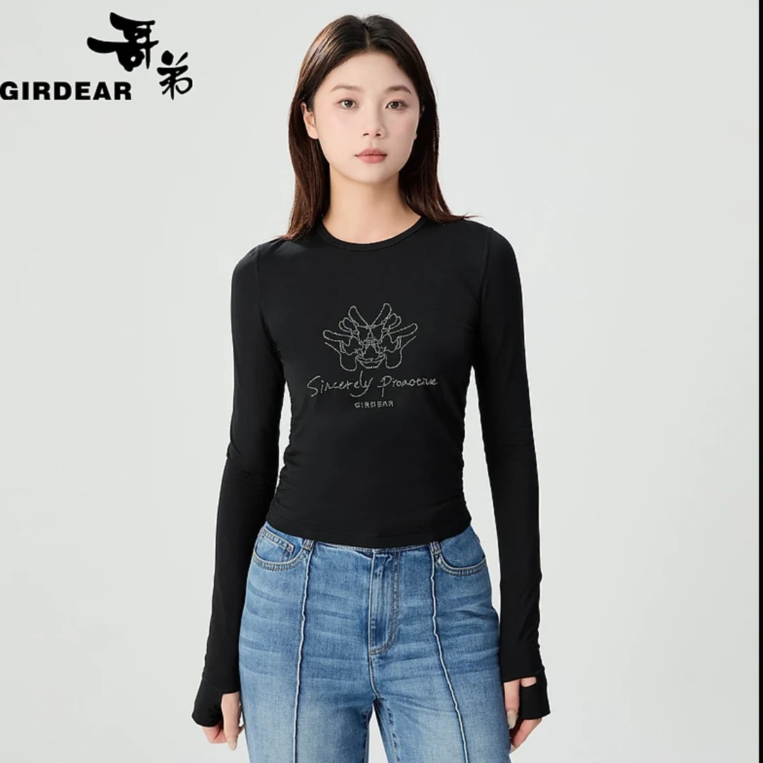 GIRDEAR/哥弟女装新款龙头圆领短款收腰褶设计长袖套头衫-1300887