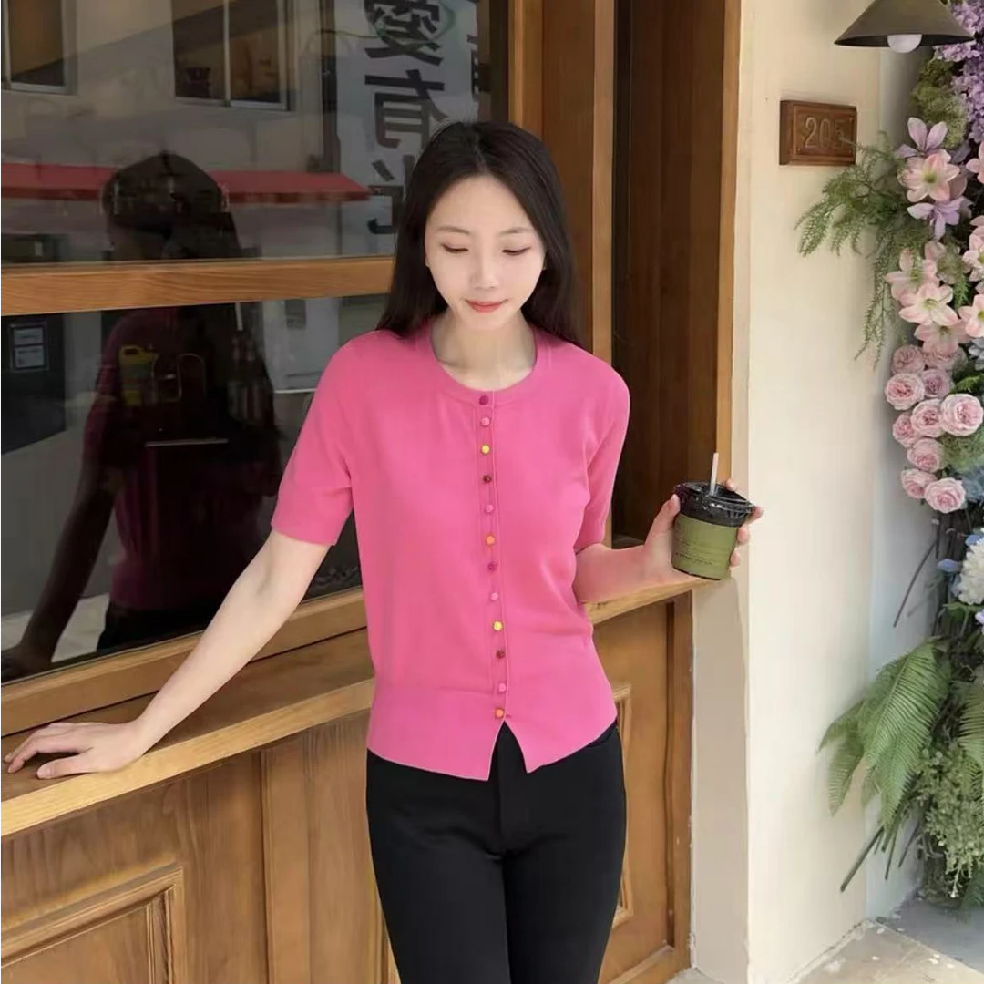 大码高级感圆领正肩针织衫短袖女2025夏季新款百搭显瘦薄款上衣潮