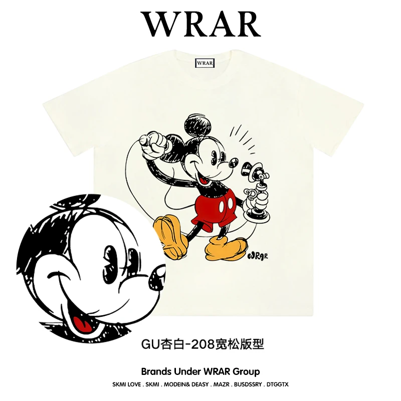 【打电话的米奇】新品潮流圆领夏季透宽松百搭纯棉卡通插画印花T恤