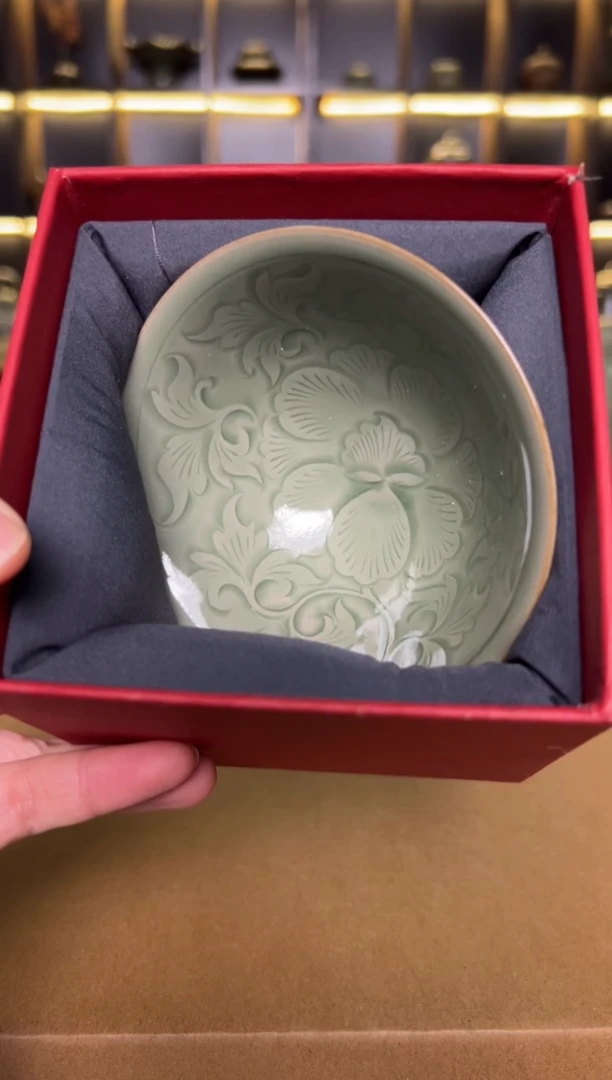 瓷片耀州窑纯手工内刻牡丹斗笠盏一只
