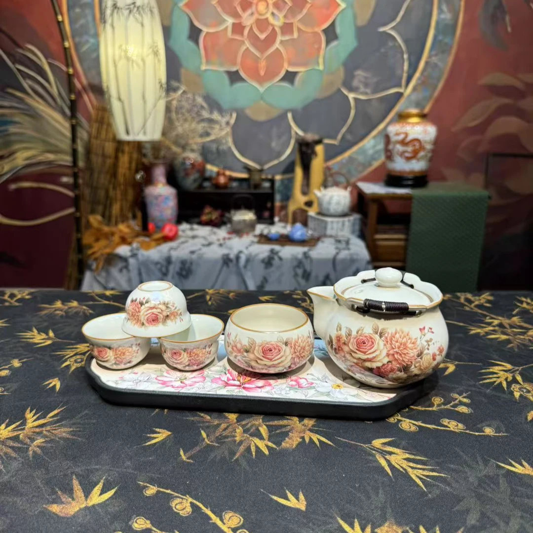 圣藏黄汝国色天香牡丹手抓壶功夫茶壶大容量+杯子四只+茶盘