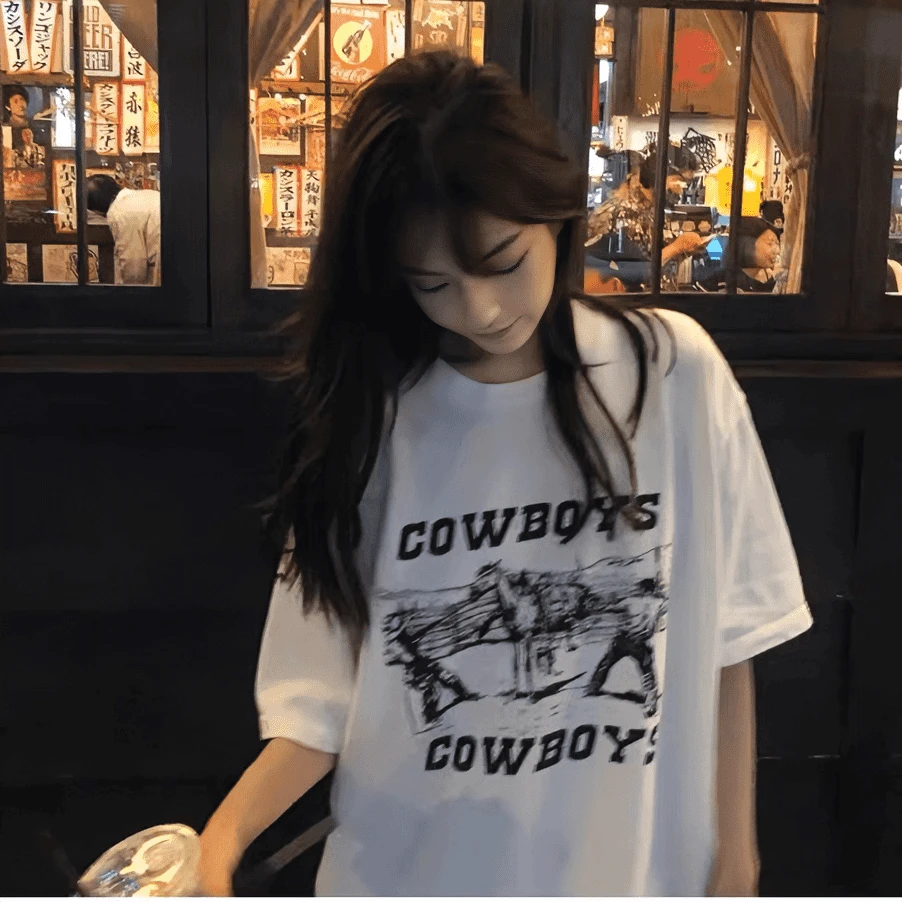 美式潮牌复古白色t恤女夏季2025新款宽松纯棉ins潮港风短袖大码T