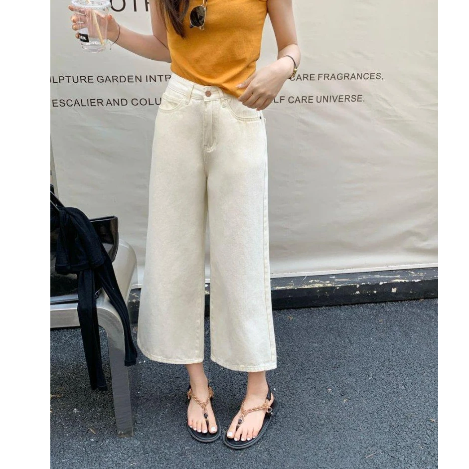 米白色宽松小个子八分阔腿牛仔裤女夏季慵懒风休闲大直筒奶奶裤女