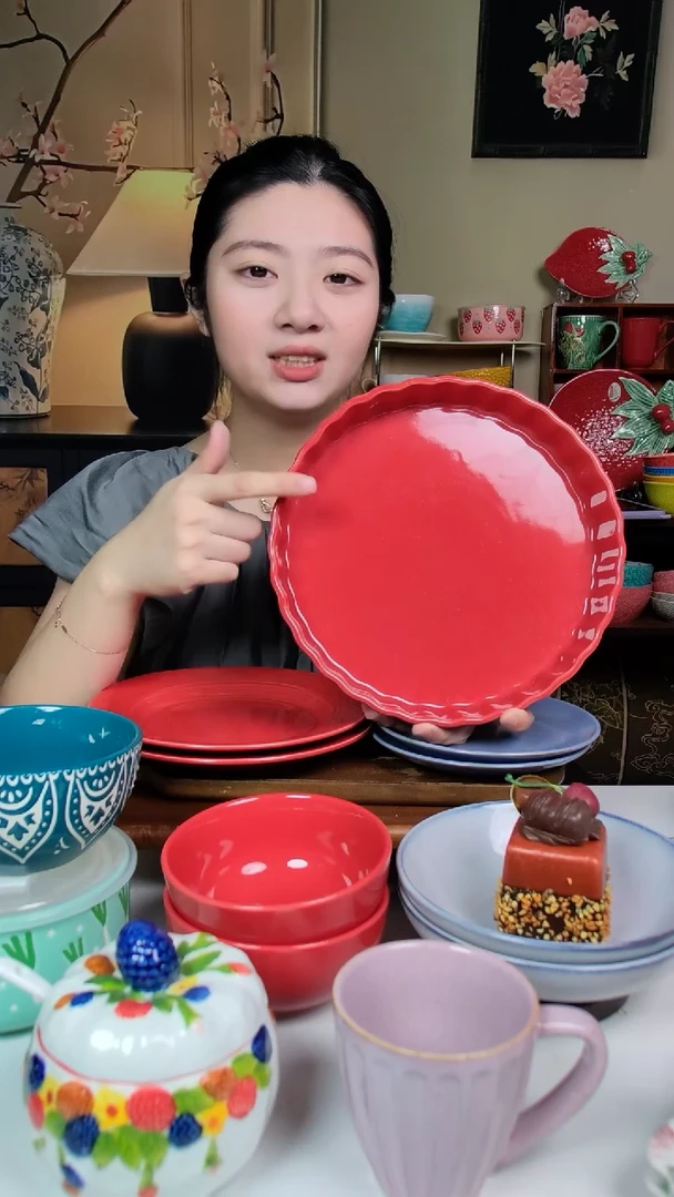陶瓷红瓷馅饼盘 花边盘  一只装