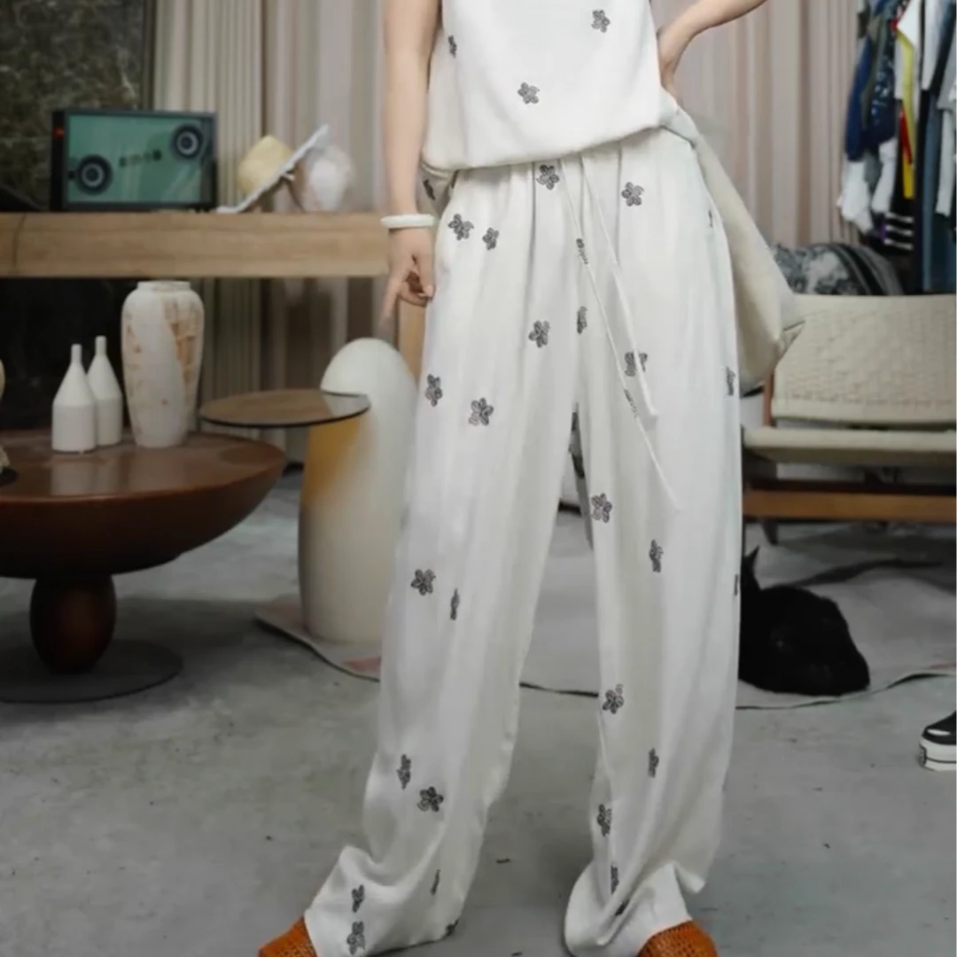 infobyfive2025夏季新款刺绣小花朵抽绳松紧腰棉麻长裤NF0504296