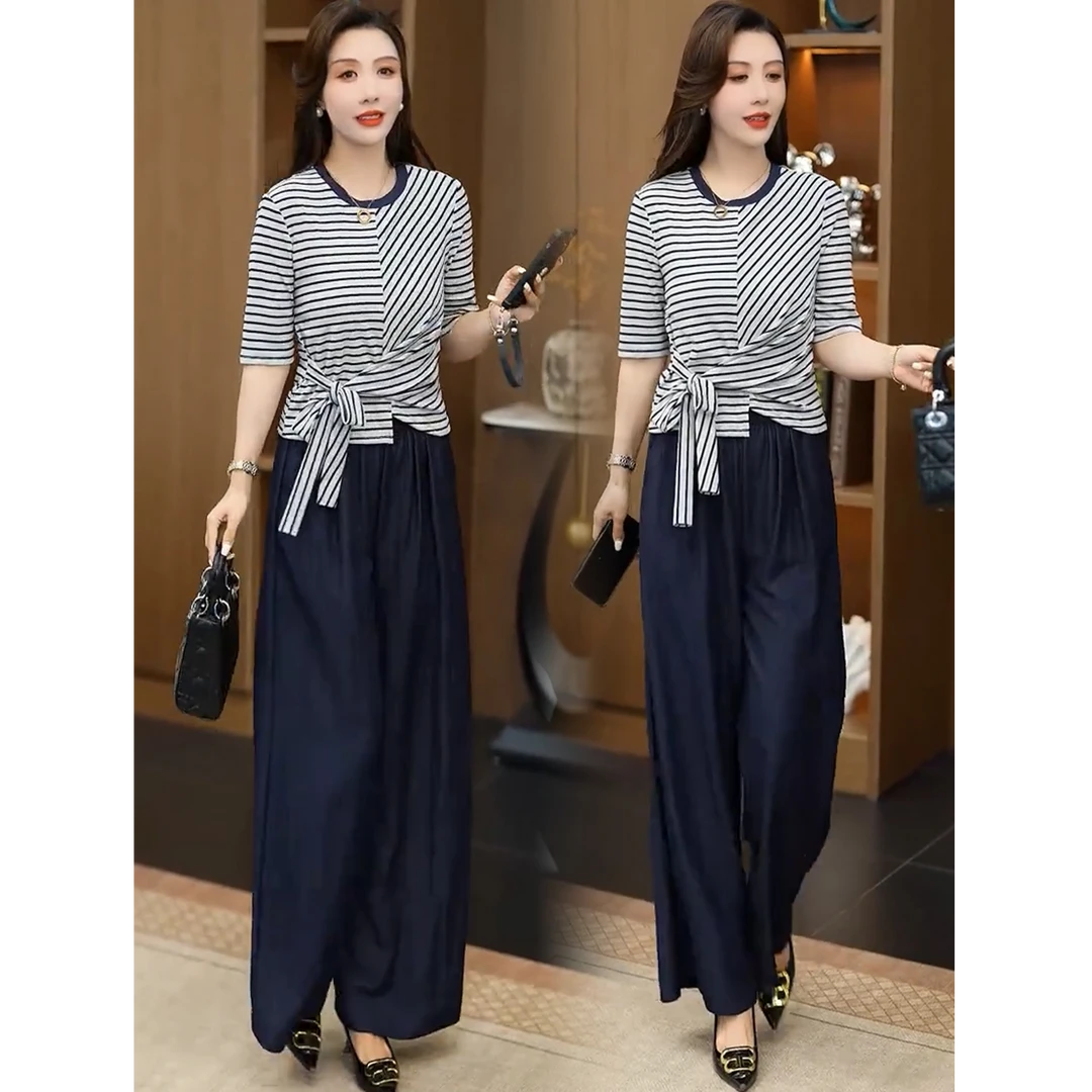 时尚套装女2025秋季新款洋气显瘦宽松遮肉条纹上衣阔腿裤两件套潮