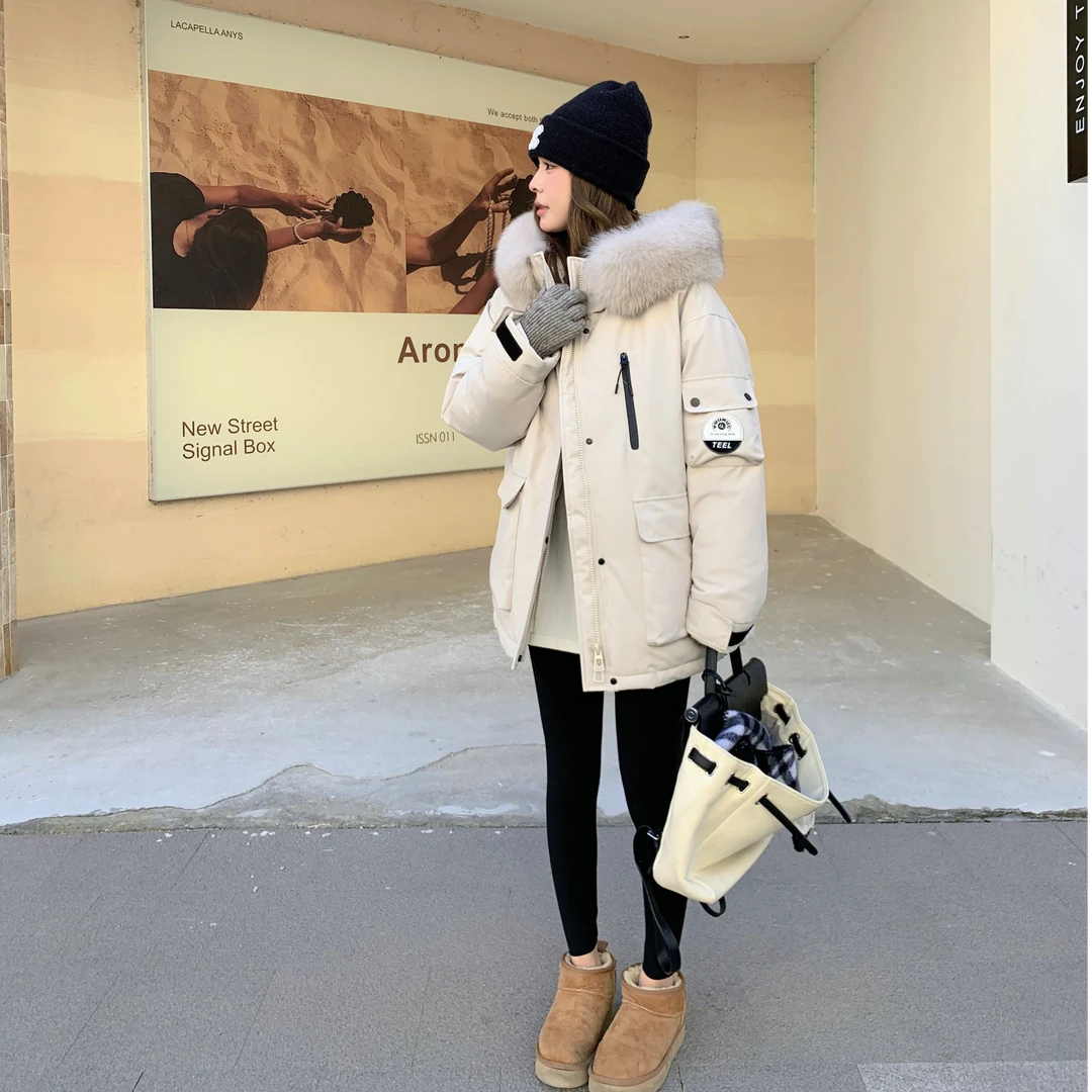 米白色派克羽绒服女款冬季2025新款韩系高级感加厚白鸭绒工装外套