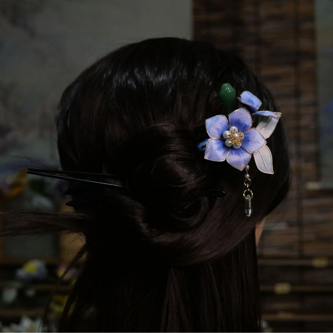 点青-蓝色掐丝绒花黑檀木双簪-古风簪子手工气质国风古典民族风