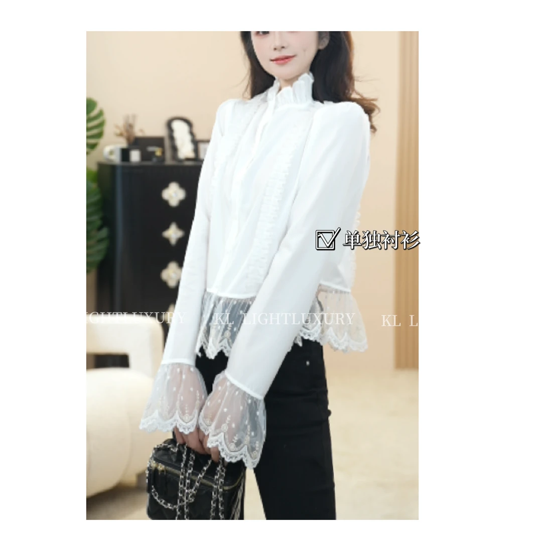 【浪漫邂逅】拼接蕾丝波点木耳边衬衫  S0145