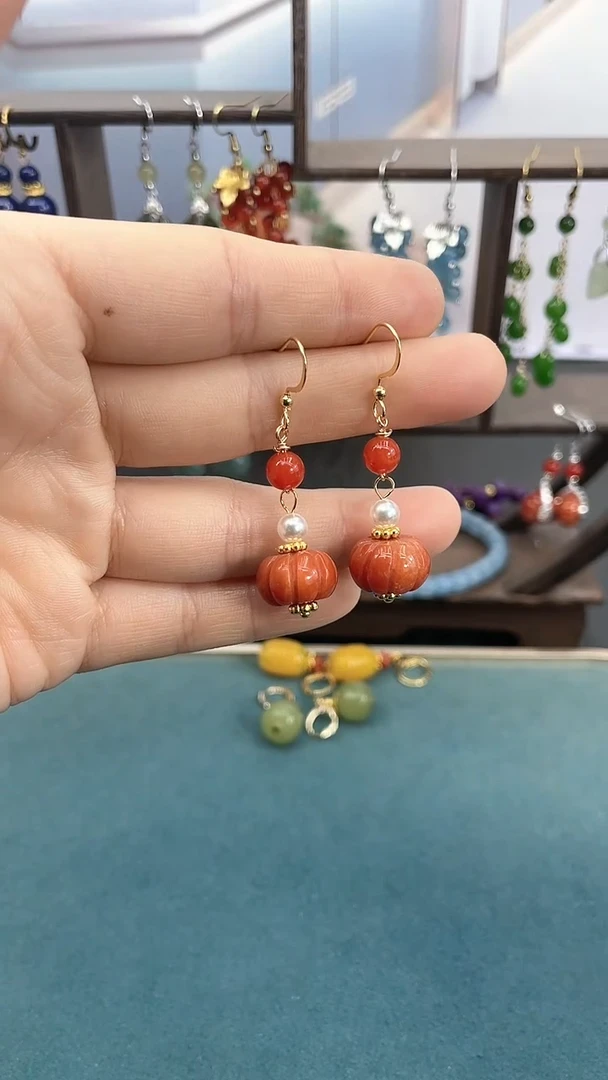 14K金镶嵌翡翠耳饰14mm红南瓜双珠