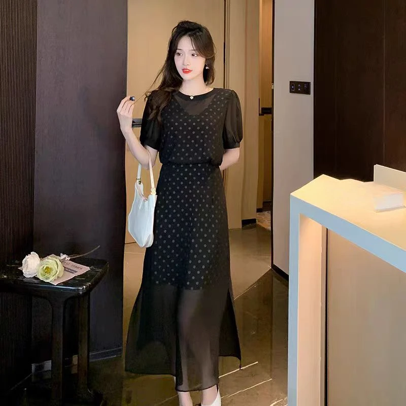 夏季新款独特减龄黑色波点网纱拼接连衣裙S166