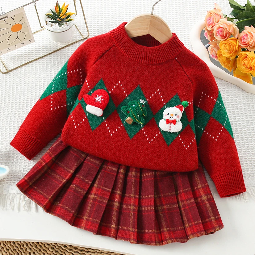 女童毛衣裙套装加厚宝宝圣诞新年红色韩版格子裙表演裙2025新款潮