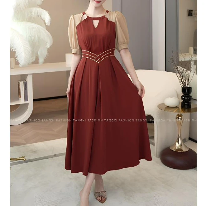 现货2025夏季新款【ZM24-X397】气质高级感小众拼色收腰连衣裙