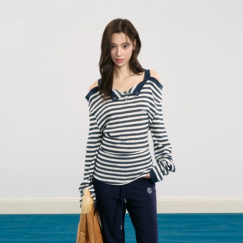 iNSLiiSA 条纹甜辣风一字肩长袖t恤女假两件显瘦休闲慵懒风上衣