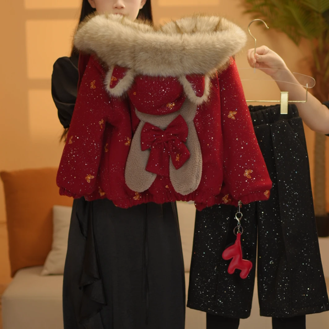 女童组合冬季2025年圣诞新年连帽刺绣蝴蝶加厚加绒外套DWT25291