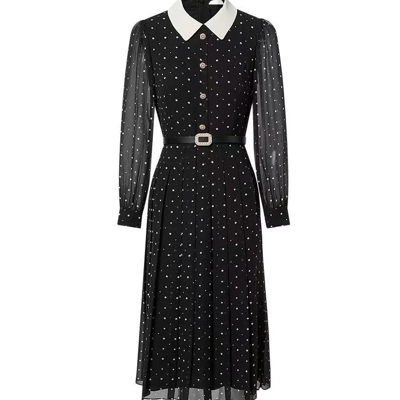 L+2025春季新款法式波点洋装裙翻领气质a字裙修身0505