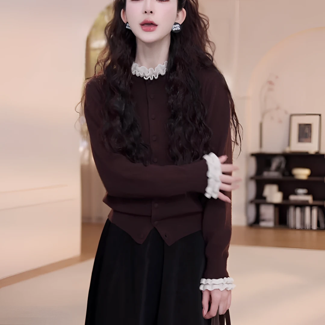 法式木耳边拼接针织开衫女2025秋季新款设计感洋气百搭打底衫毛衣