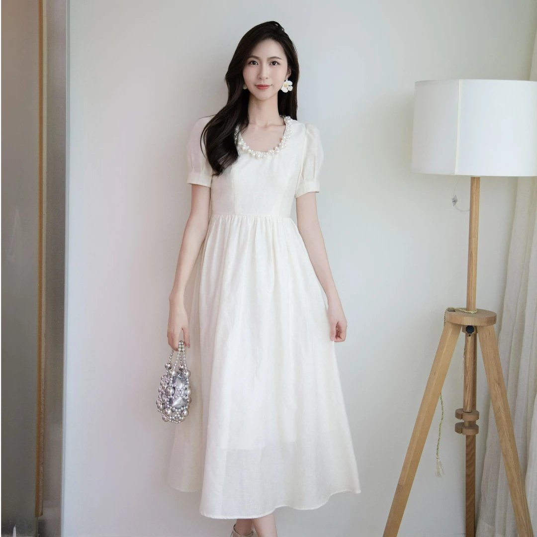 ON&ON/安乃安夏季新款圆领纯手工钉珠收腰女显瘦连衣裙-N5SA16361