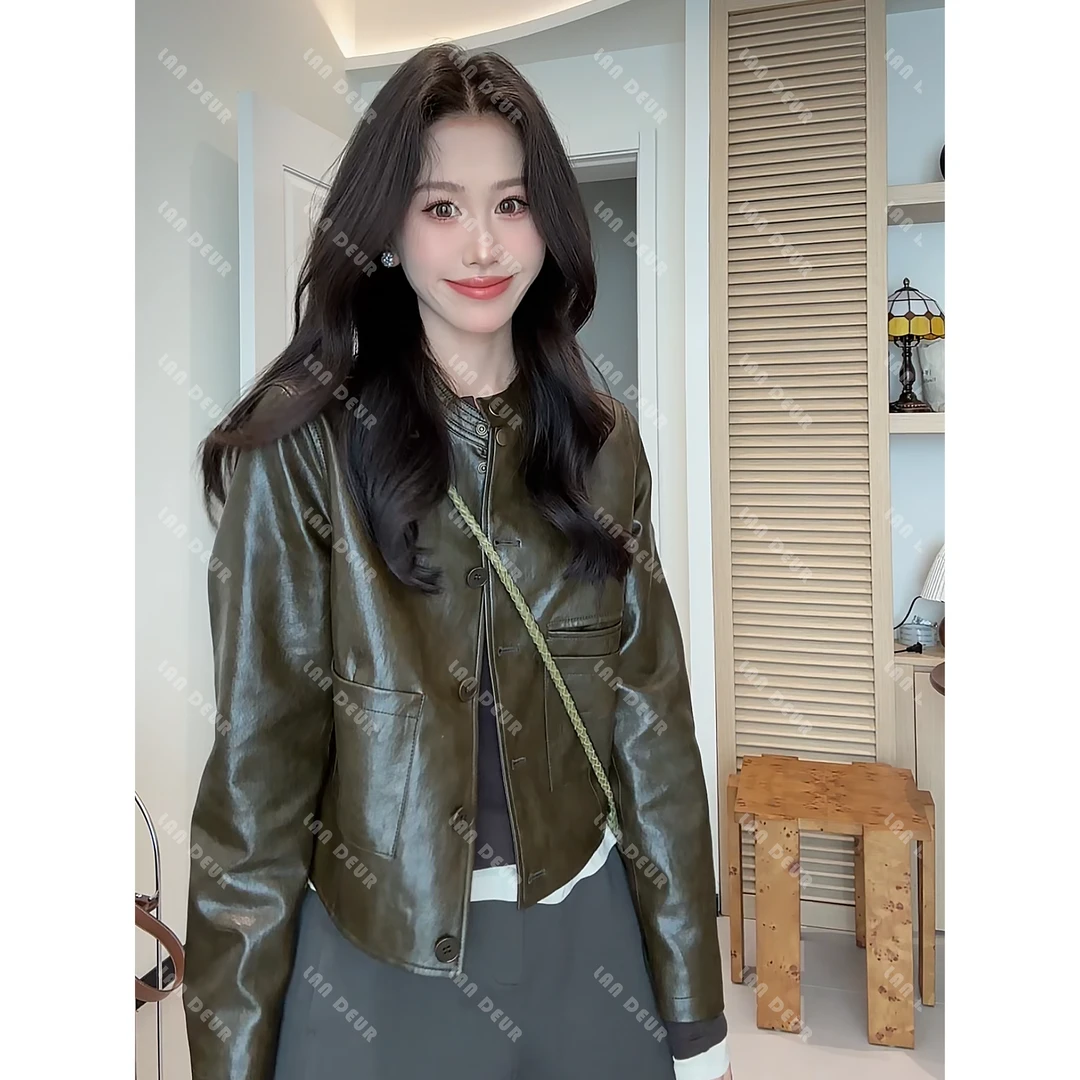 JIUJIU【胡同落叶】PU圆领短款时尚小众气质宽松复古皮衣女秋季