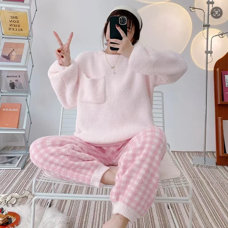 半边绒居家服睡衣套装保暖加绒高档可外穿秋冬家居服