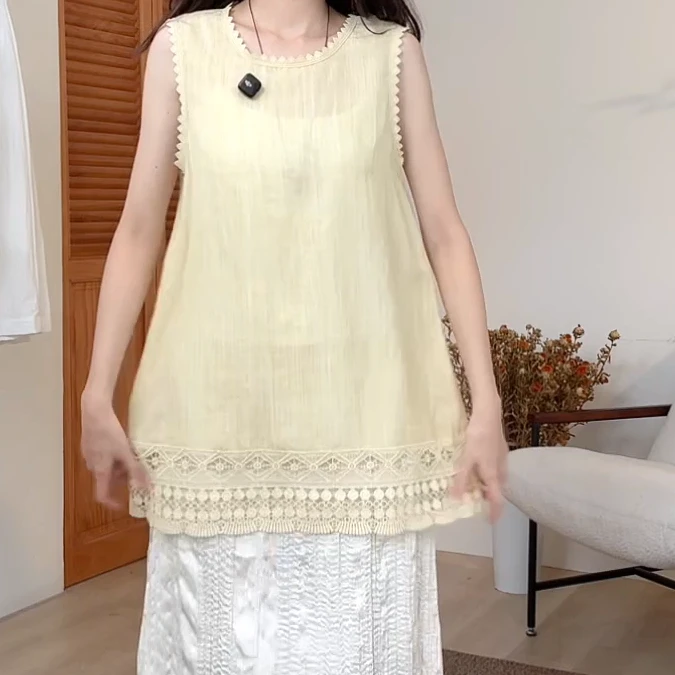 夏季新款镂空刺绣拼接无袖中长款上衣女C5465