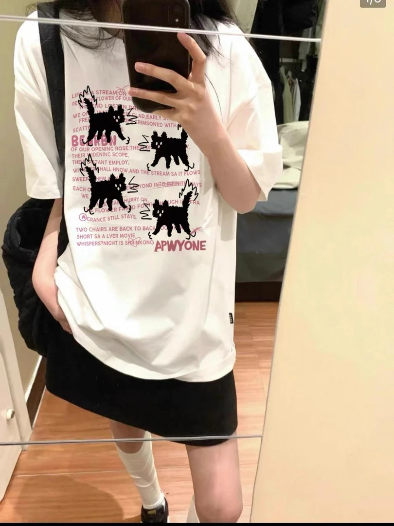 纯棉正肩款小众设计感趣味猫咪oversize短袖男女同款情侣T恤