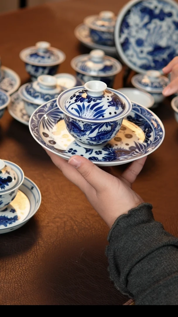 雄****）鱼藻纹理两件套组系列加三个桃花杯