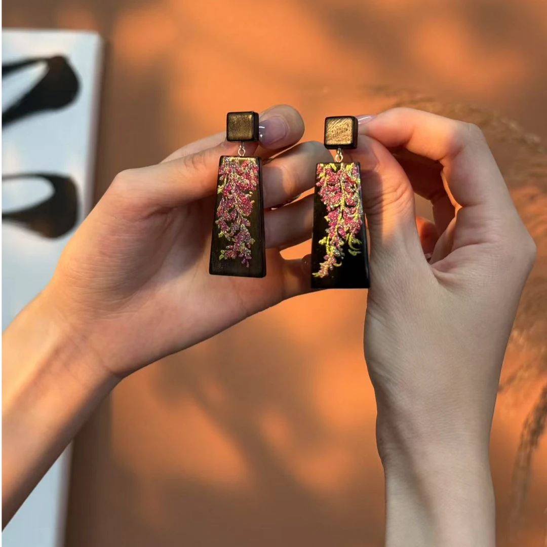 合金耳饰 黑金刚板板/搭配紫藤花/时绘纯手工描画BA108001015