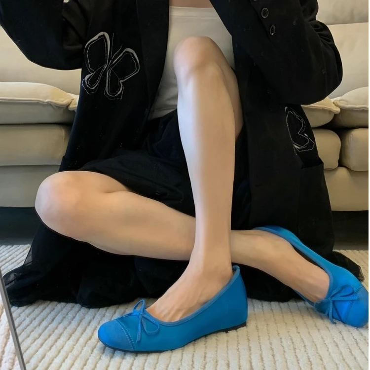 内增高小香风蓝色单鞋女鞋子2025新款秋季仙女复古蝴蝶结芭蕾舞鞋