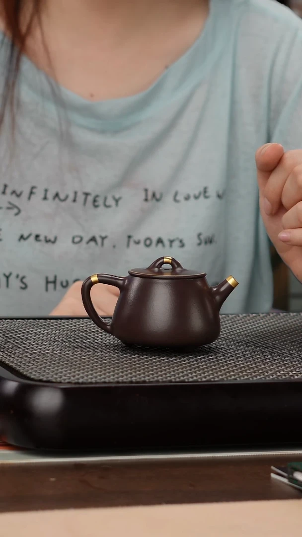 茶壶紫砂四号井茄皮紫泥描金高瓢130cc