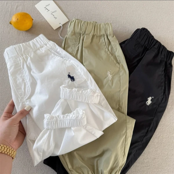 夏季采访新款刺绣纯色透气防蚊长裤男女童休闲百搭束脚裤薄款儿童