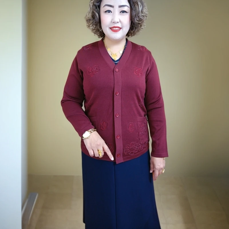 双兜提花针织宽松显瘦妈妈装开衫时尚百搭春秋外套